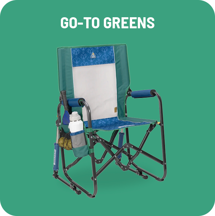 A picklball stowaway rocker with "Go-To Greens" text above it. 