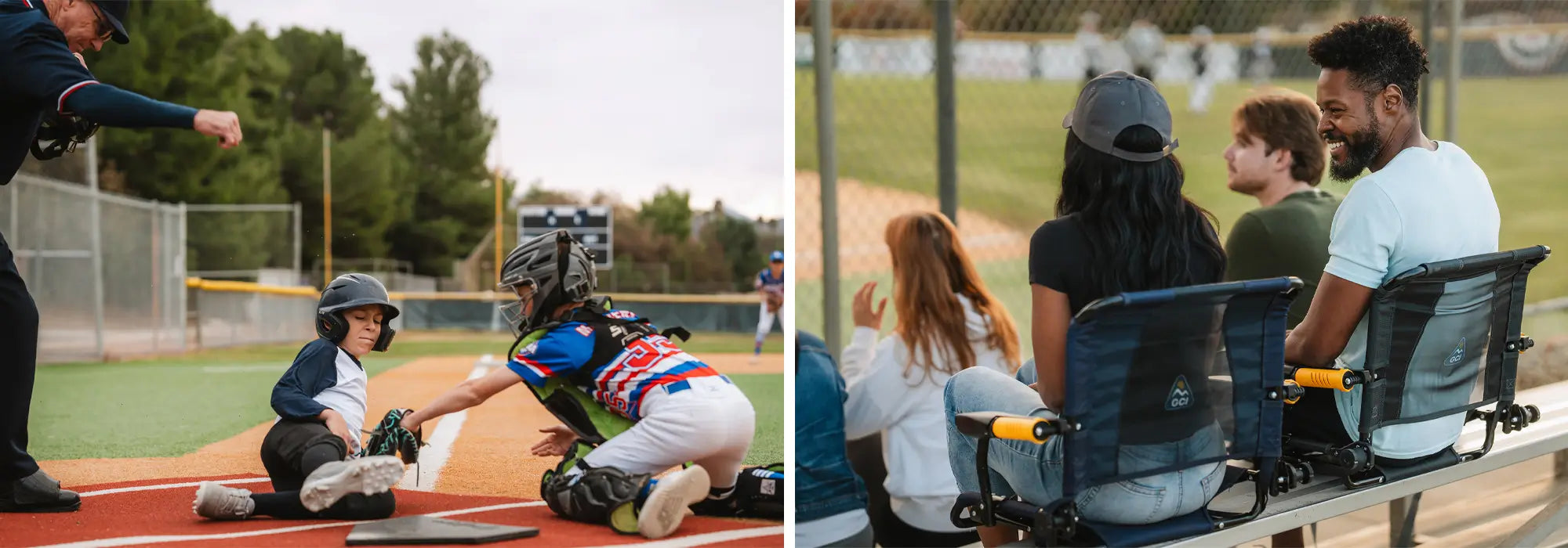 A split-image of a baseball game in action and spectators seated in Stadium Rock-Cliners. The left side captures a dramatic play at home plate, while the right side shows fans enjoying the game in comfortable, supportive stadium seats.