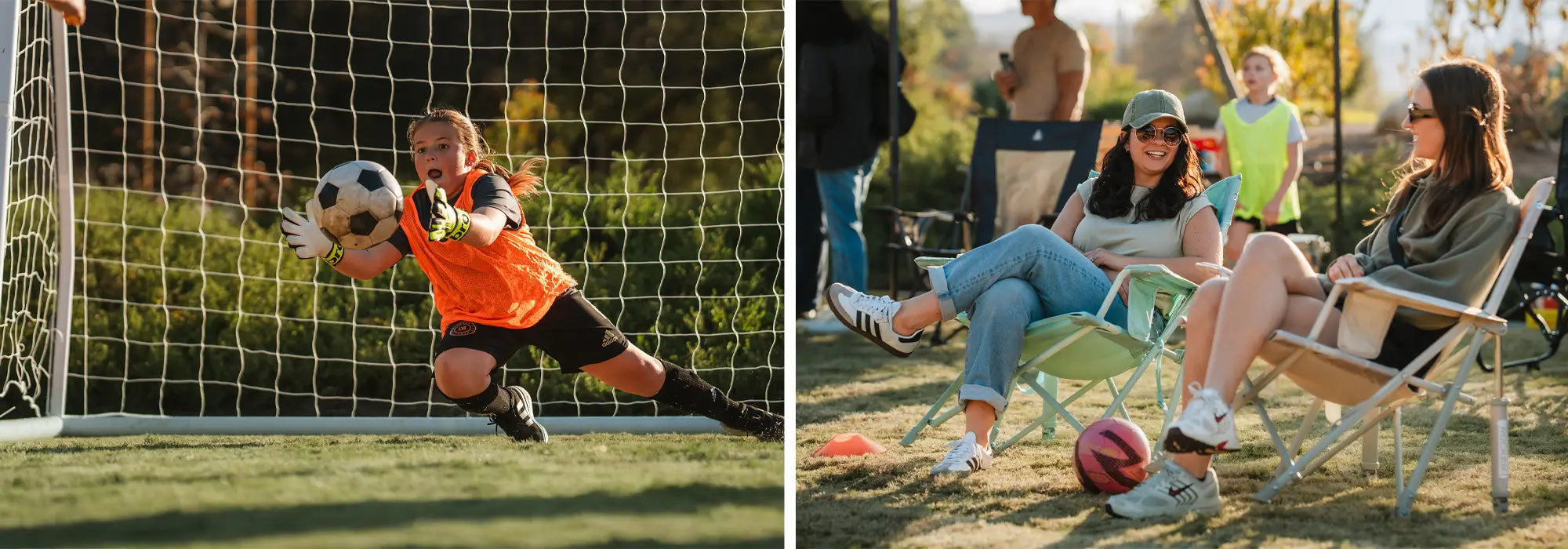 A split image of a youth soccer game. On the left, a young goalkeeper in an orange jersey and gloves dives to catch a soccer ball in front of the net. On the right, two spectators relax in GCI Outdoor Comfort Pro Rockers, chatting and smiling while watching the game, with a soccer ball and training cones nearby.