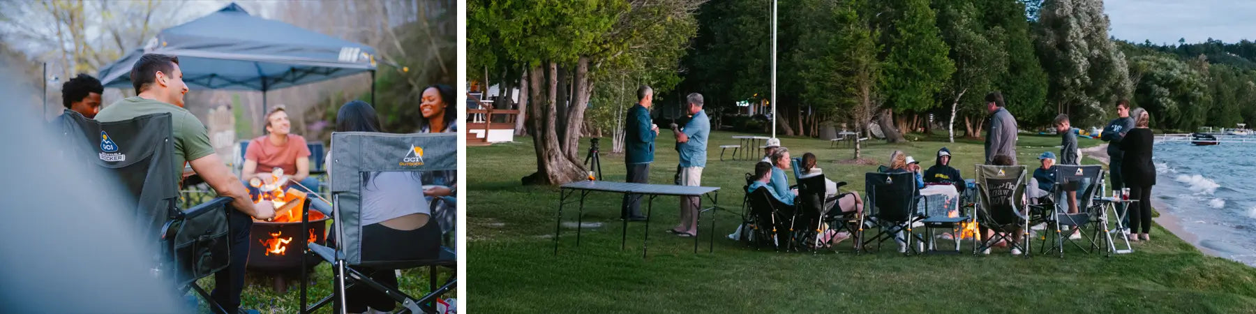 A group of people sitting in GCI Outdoor chairs around a bonfire. 
