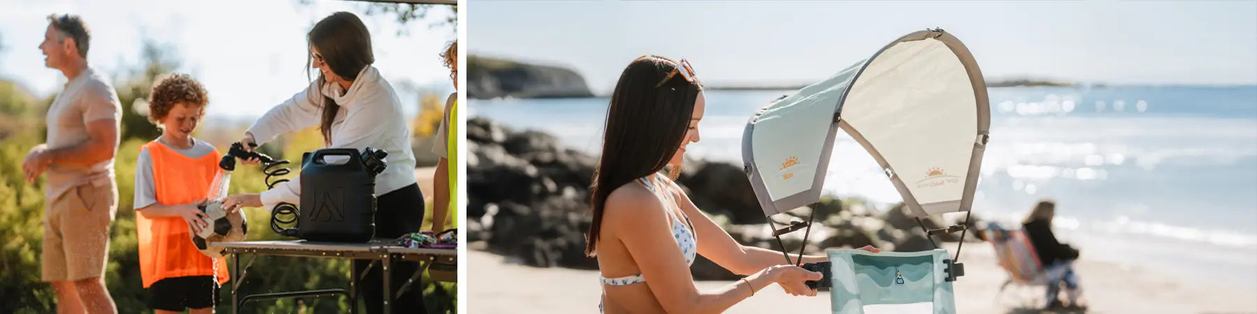 Woman adjusts canopy on a beach chair; close-up of the sunshade branded with “SunShade” and “GCI Outdoor"; Woman using waterPORT tank spraying kids soccer ball. 