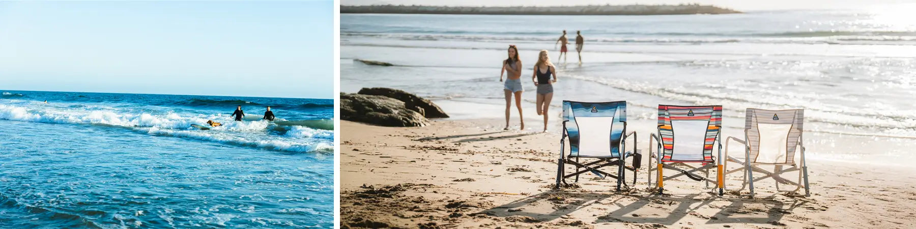 Three colorful beach rocker chairs on the sand, facing ocean waves with two women running along the shore.