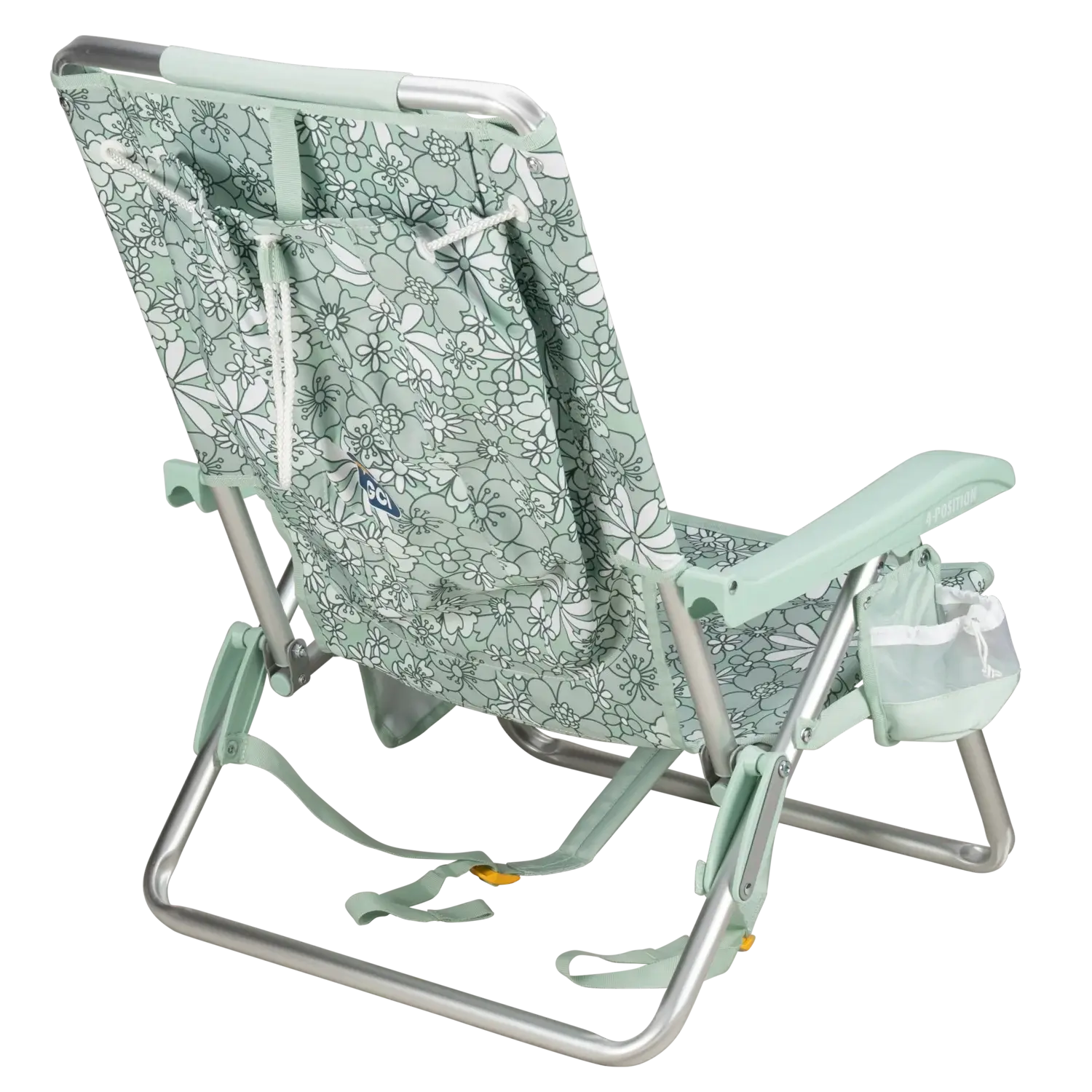 Back right angle of the Backpack Beach Chair in floral pastel green print.