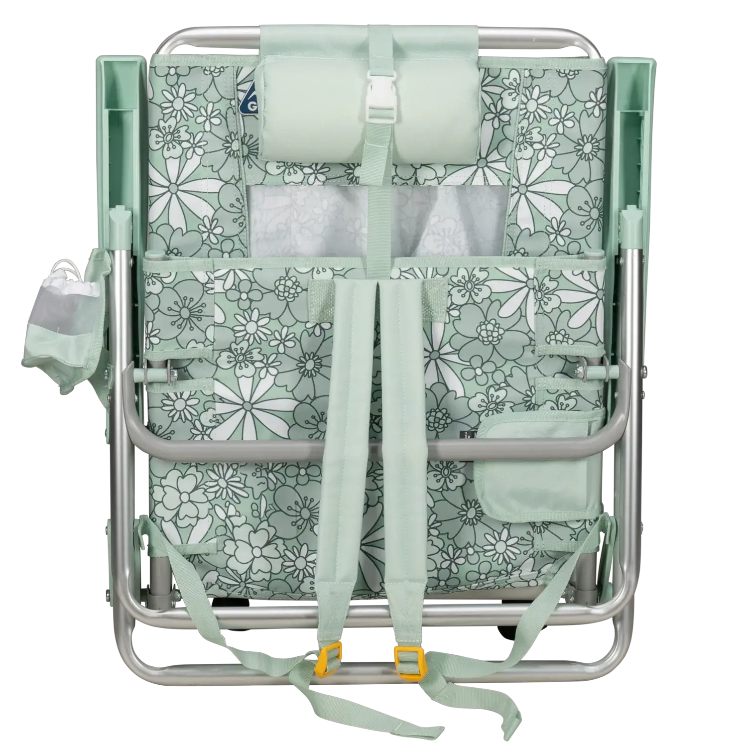 Backpack straps of the folded Backpack Beach Chair in floral pastel green print.