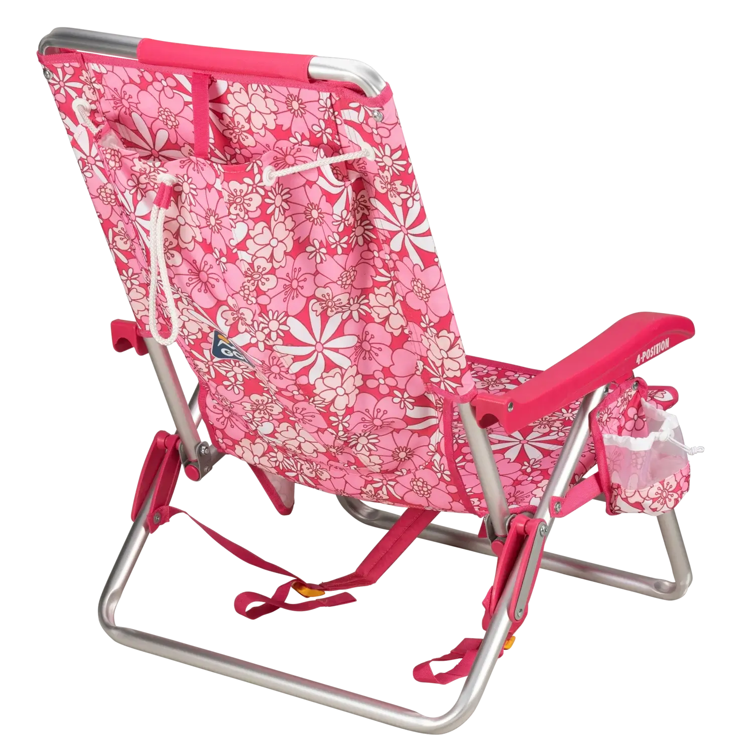 Back right angle of the Backpack Beach Chair in floral sport pink print.