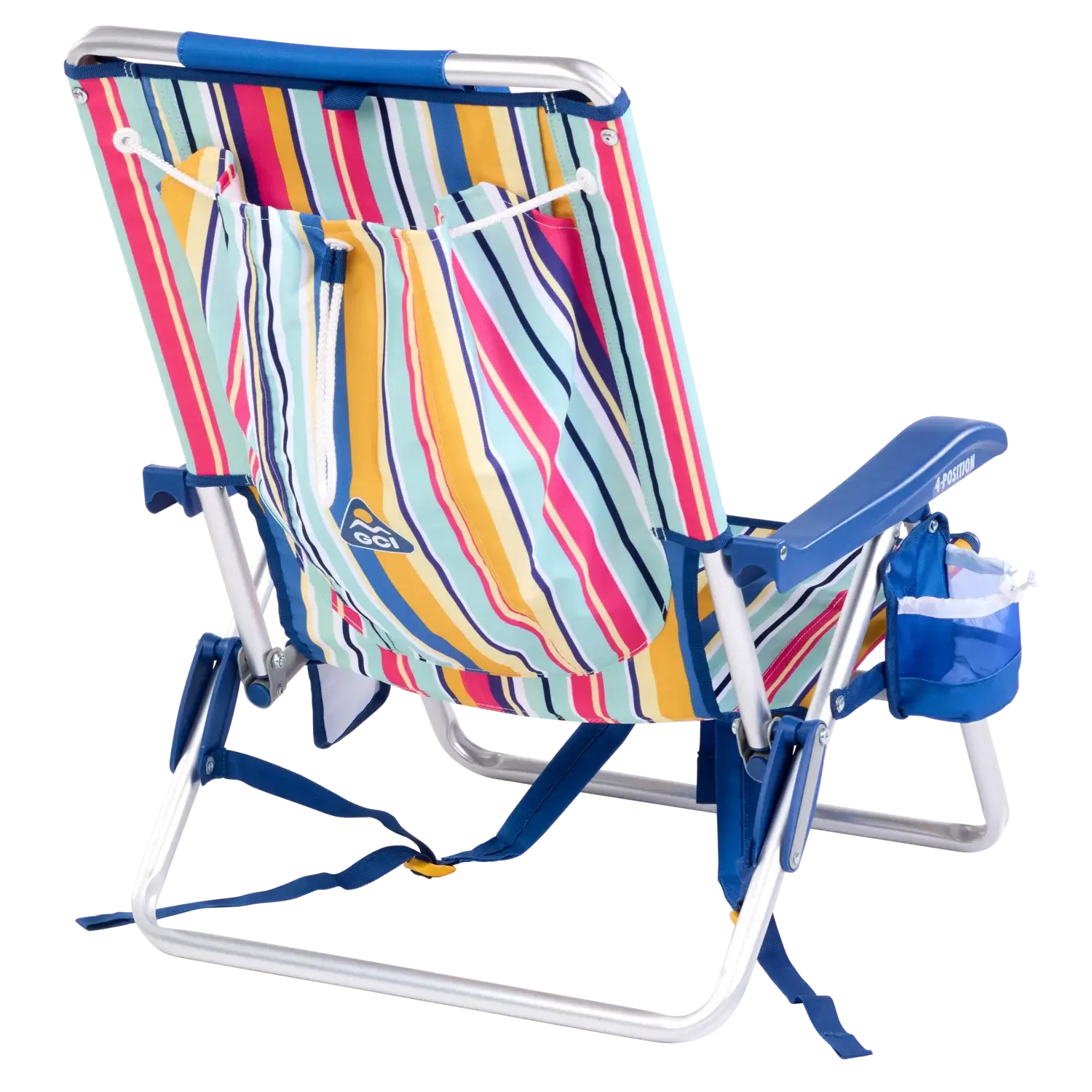 Back right angle of the Backpack Beach Chair in multi stripe print.