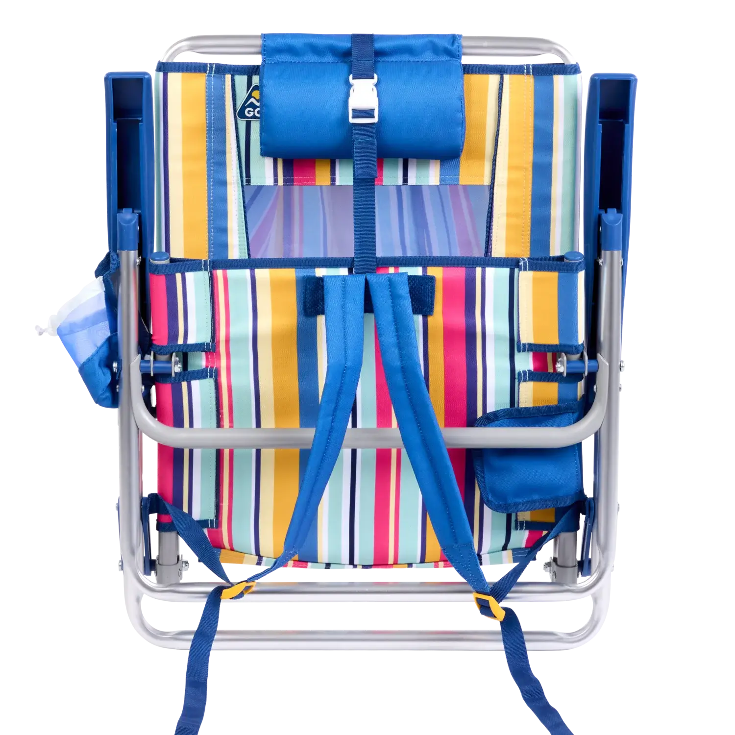 Front angle of the backpack straps on the folded Backpack Beach Chair in multi stripe print.