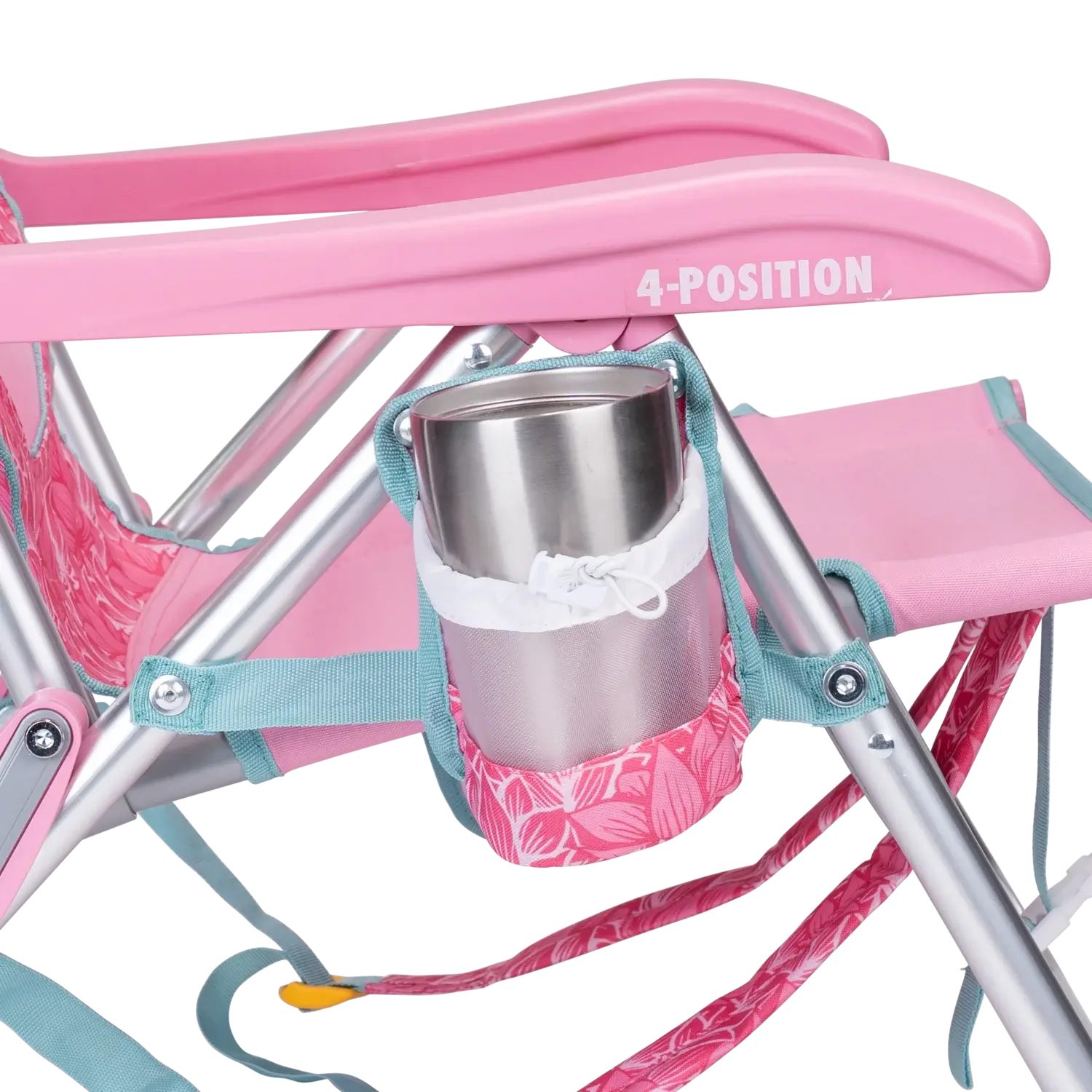 Close-up of the beverage holder on the Backpack Beach Chair in pink lotus print.