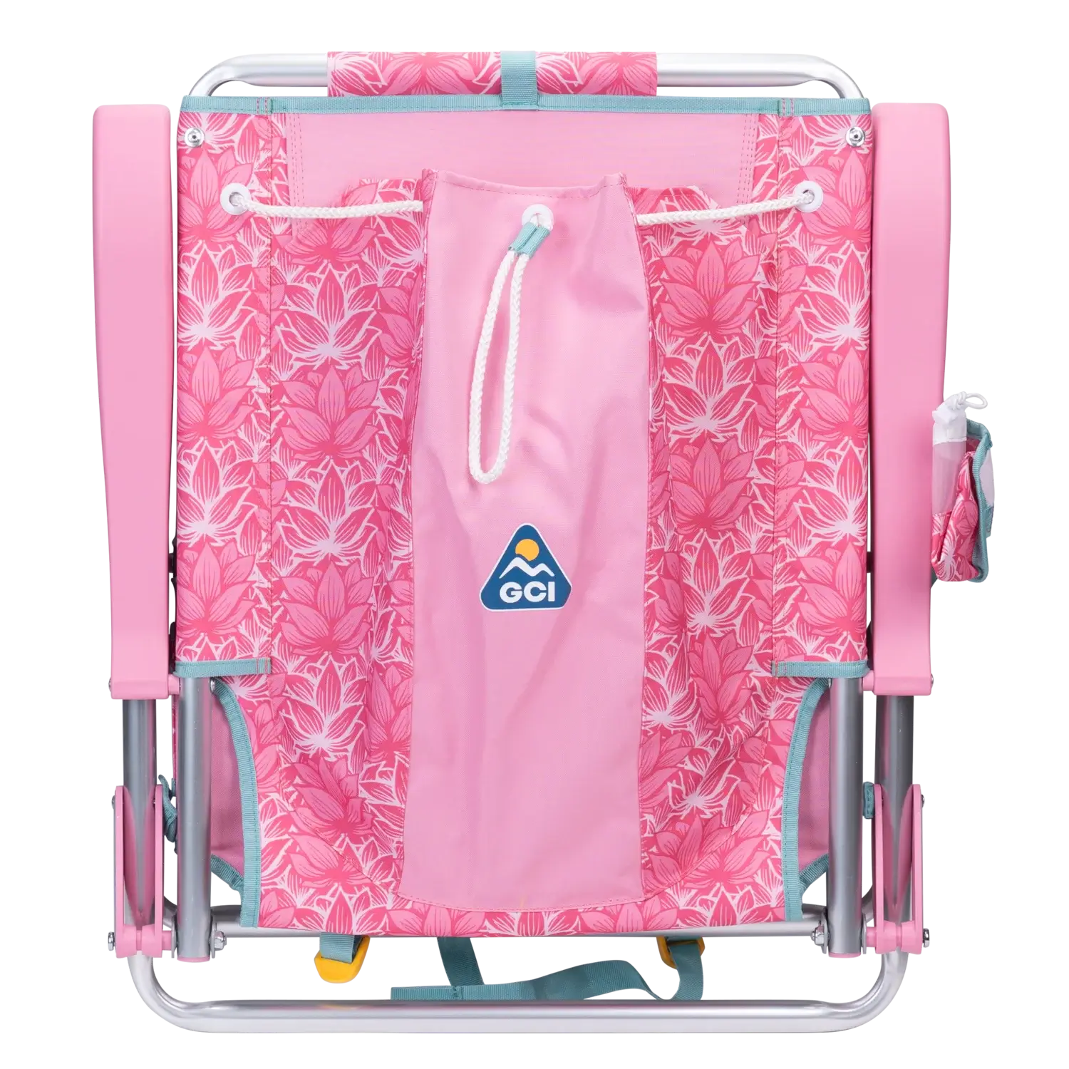 Back angle of the folded Backpack Beach Chair in pink lotus print.