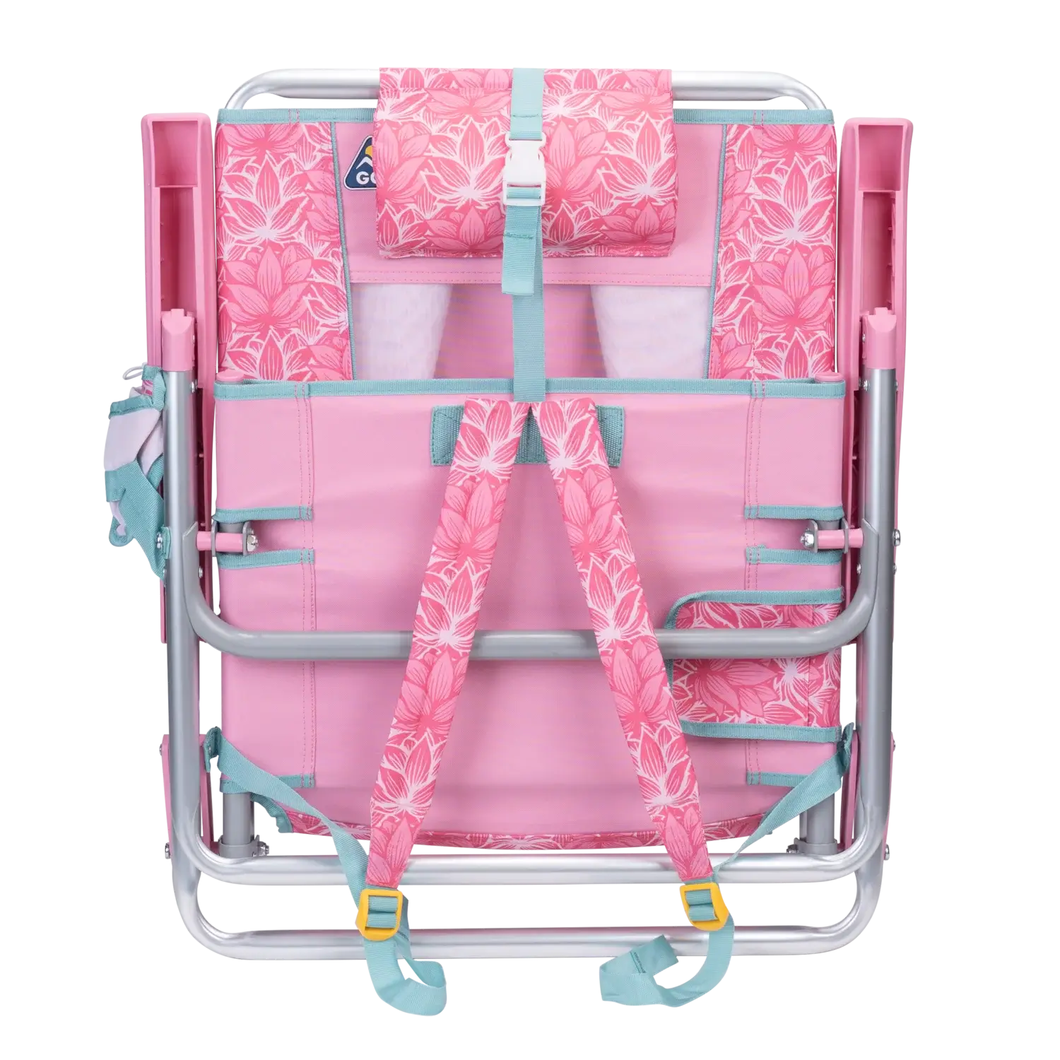 Front angle of the backpack straps on the folded Backpack Beach Chair in pink lotus print.