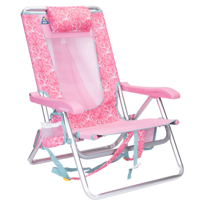Front right angle of the Backpack Beach Chair in pink lotus print.