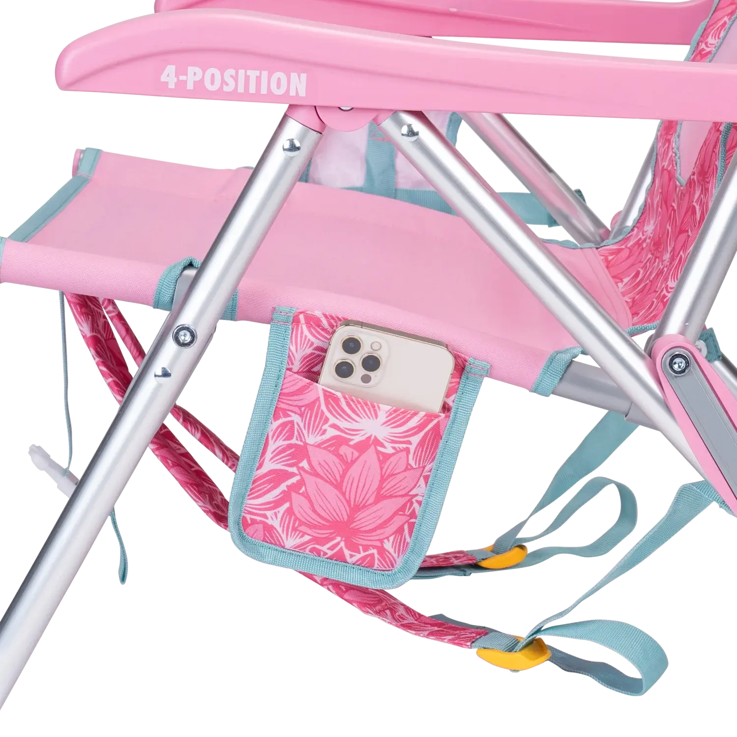 Close-up of the phone holder pocket on the Backpack Beach Chair in pink lotus print.