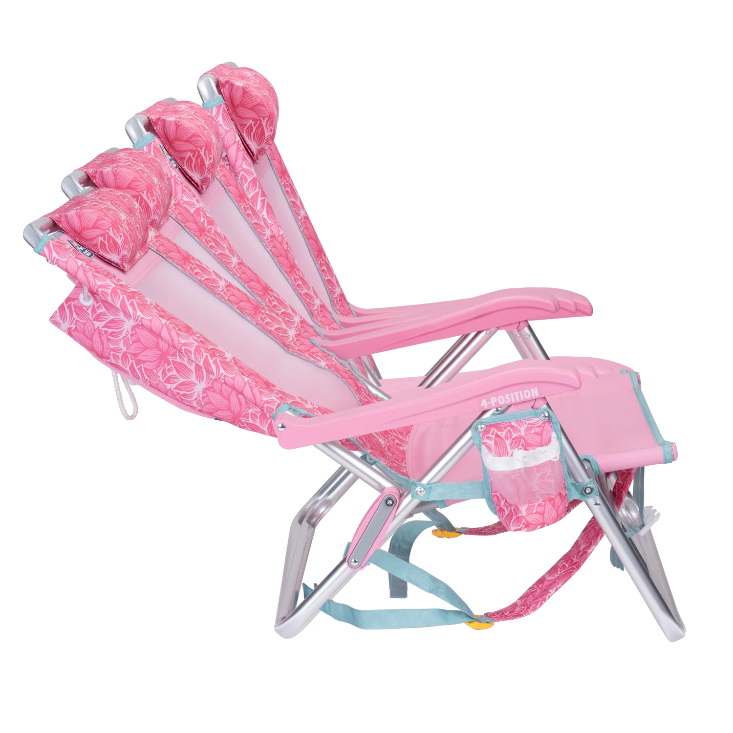 Side view of the recline positions on the Backpack Beach Chair in pink lotus print.