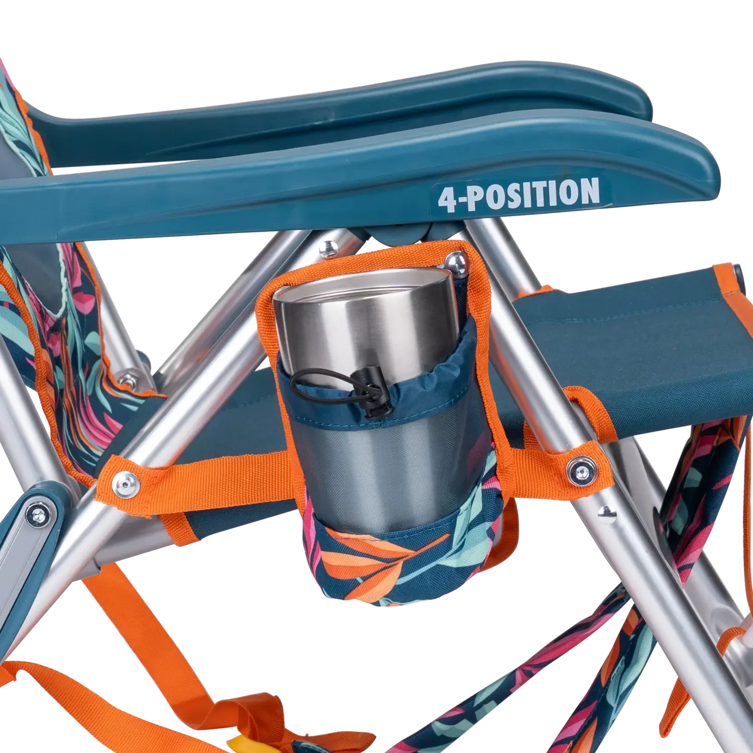 Close-up of the beverage holder on the Backpack Beach Chair in tropical escape print.