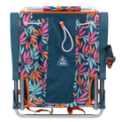Back angle of the folded Backpack Beach Chair in tropical escape print.