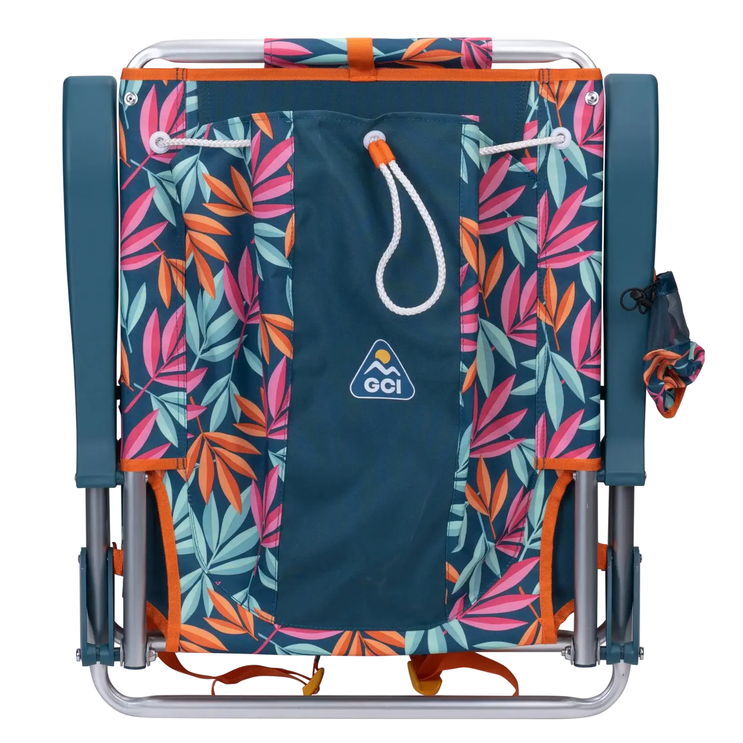 Back angle of the folded Backpack Beach Chair in tropical escape print.