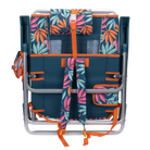 Front angle of the backpack straps on the folded Backpack Beach Chair in tropical escape print.