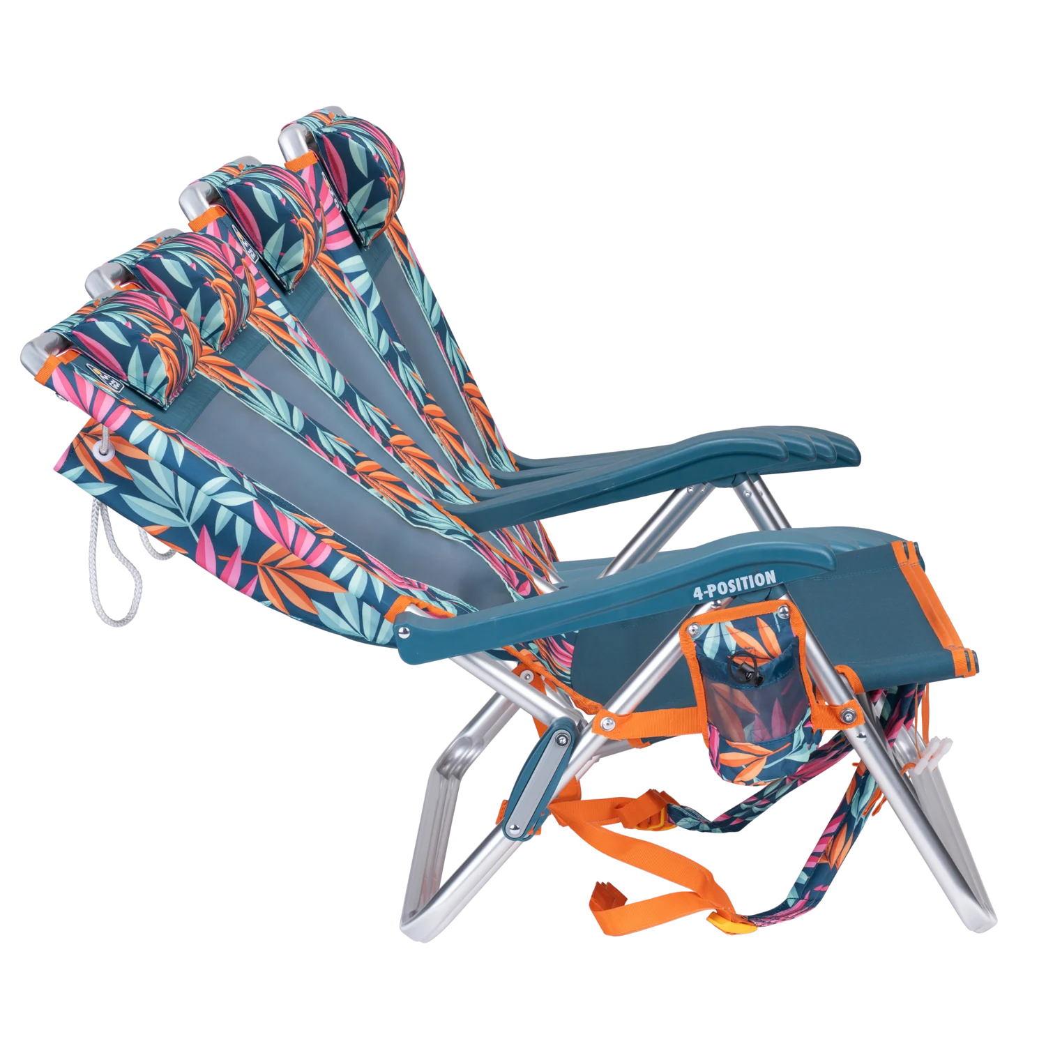 Side view of the recline positions on the Backpack Beach Chair in tropical escape print.