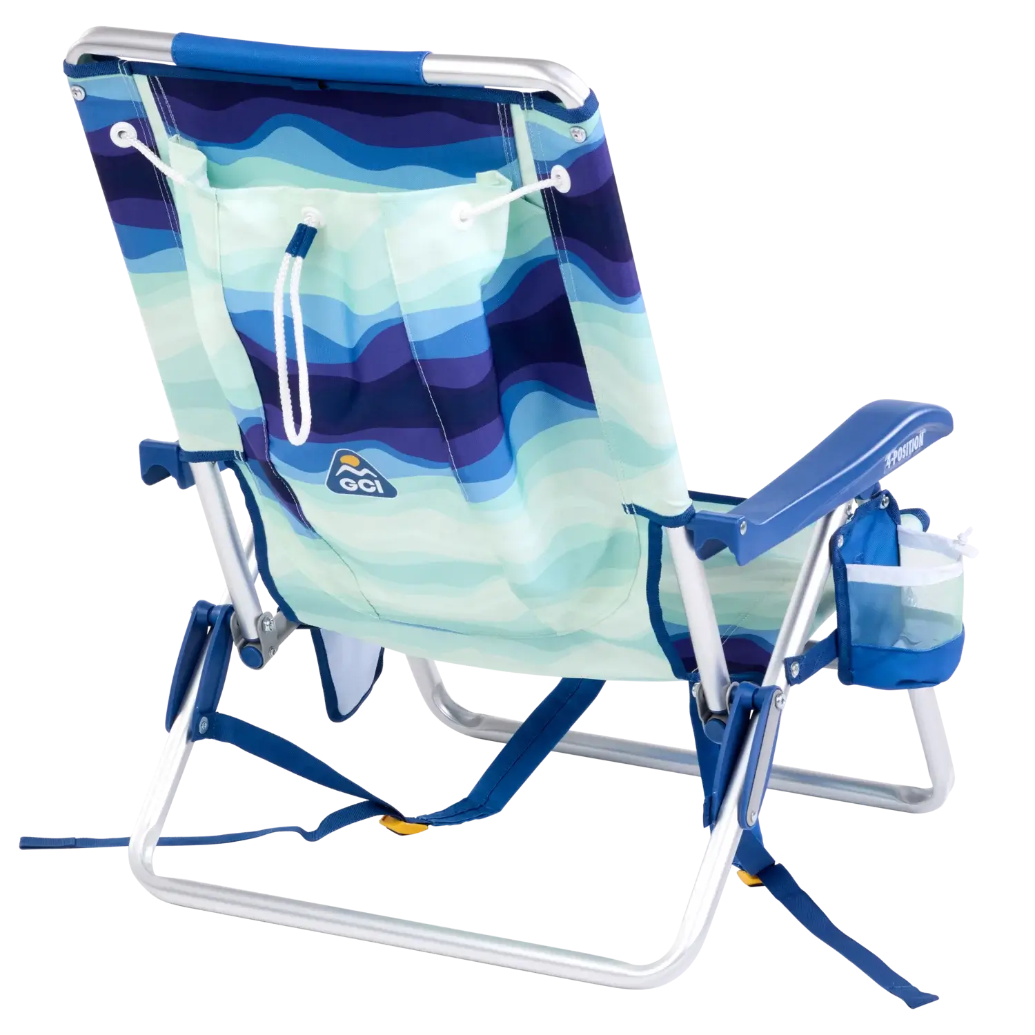 Back right angle of the Backpack Beach Chair in blue wave print.
