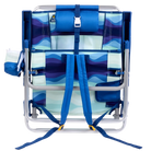 Front angle of the backpack straps on the folded Backpack Beach Chair in blue wave print.