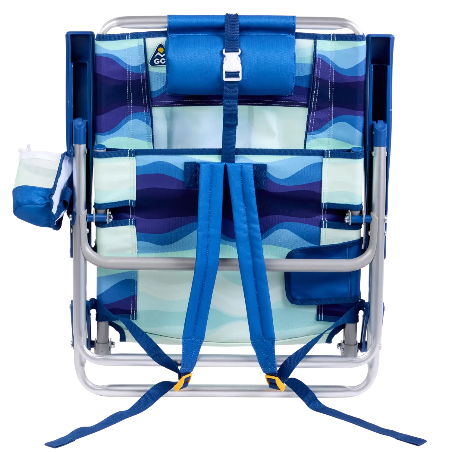 Front angle of the backpack straps on the folded Backpack Beach Chair in blue wave print.