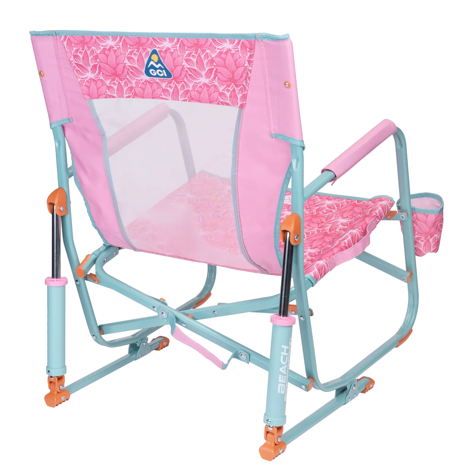 Back right angle of the Beach Rocker in pink lotus print.