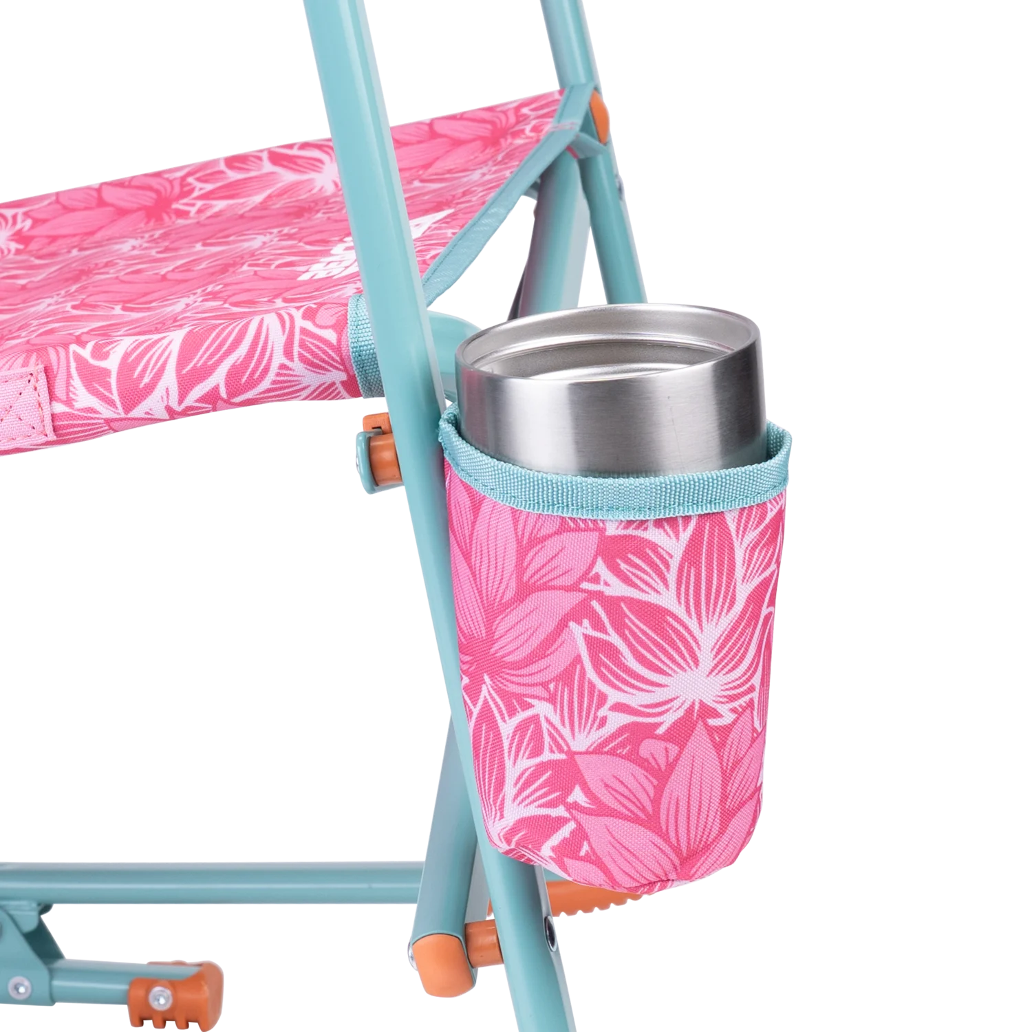 Close-up of the beverage holder on the Beach Rocker in pink lotus print.