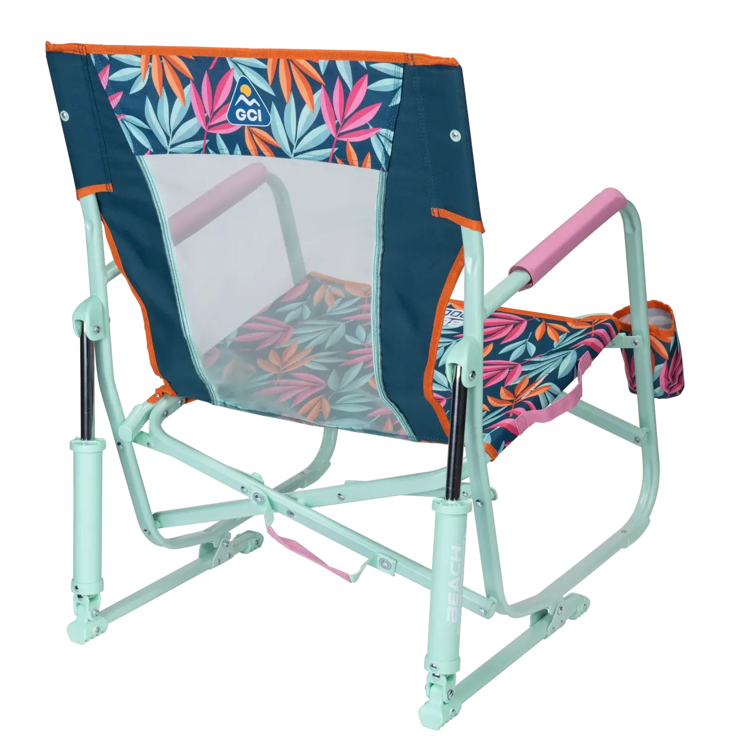 Back right angle of the Beach Rocker in tropical escape print.
