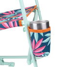 Up-close of the beverage holder on the Beach Rocker in tropical escape print.