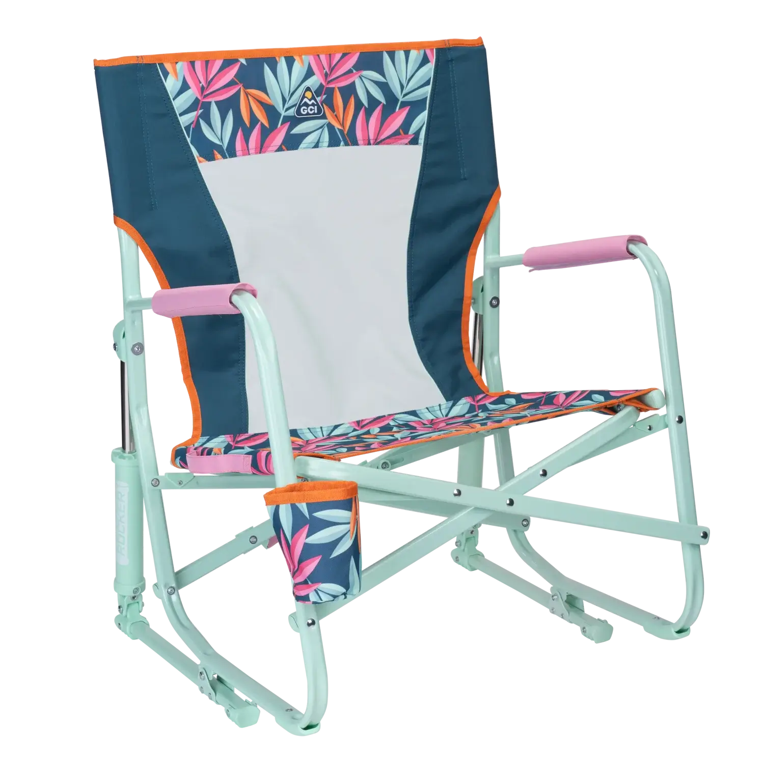 Front right angle of the Beach Rocker in tropical escape print.