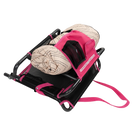 A rolled blanket stored in the pack & port caddy on the folded sport pink Big Comfort Stadium Chair 2.0.