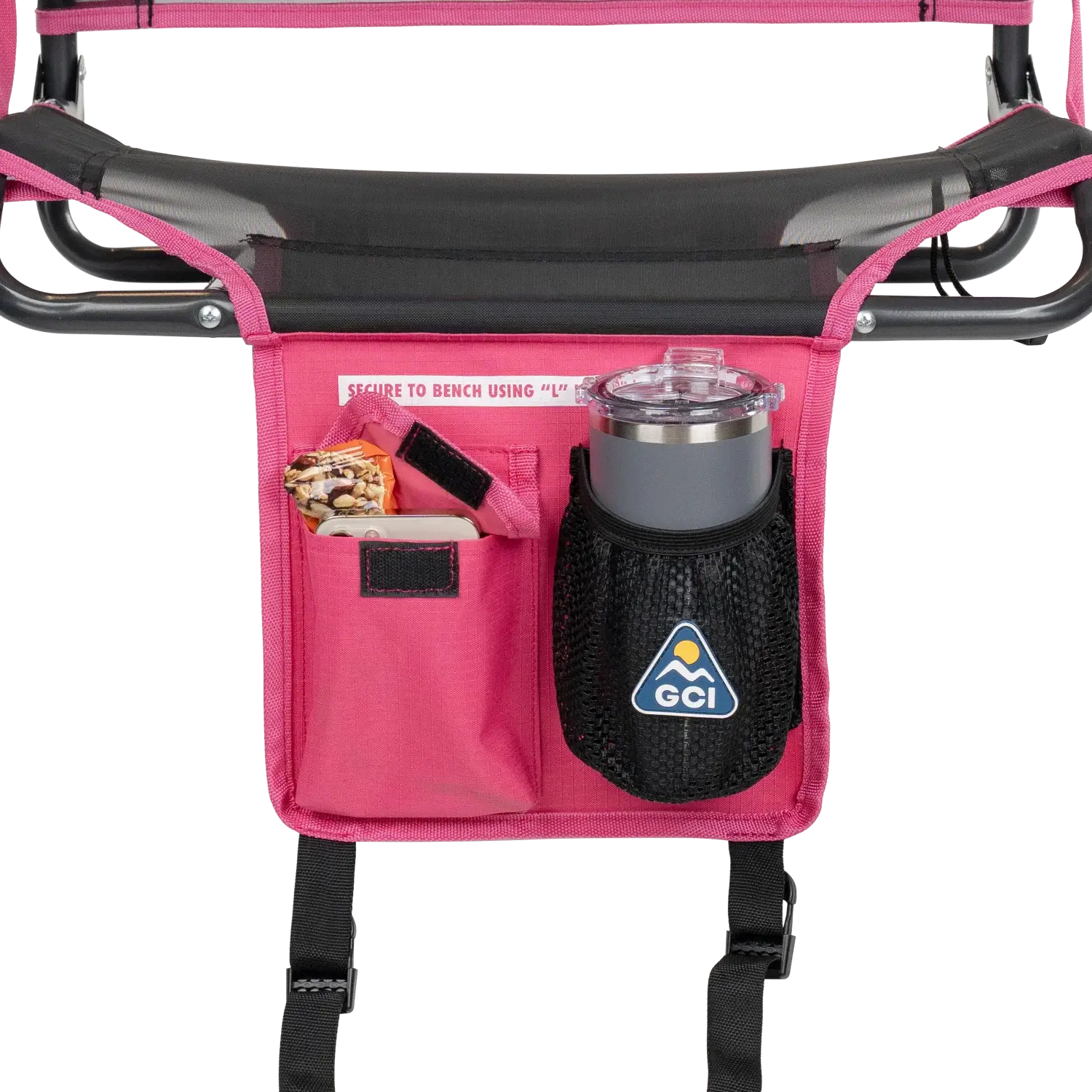 Close-up of the pack & port caddy on the sport pink Big Comfort Stadium Chair 2.0.