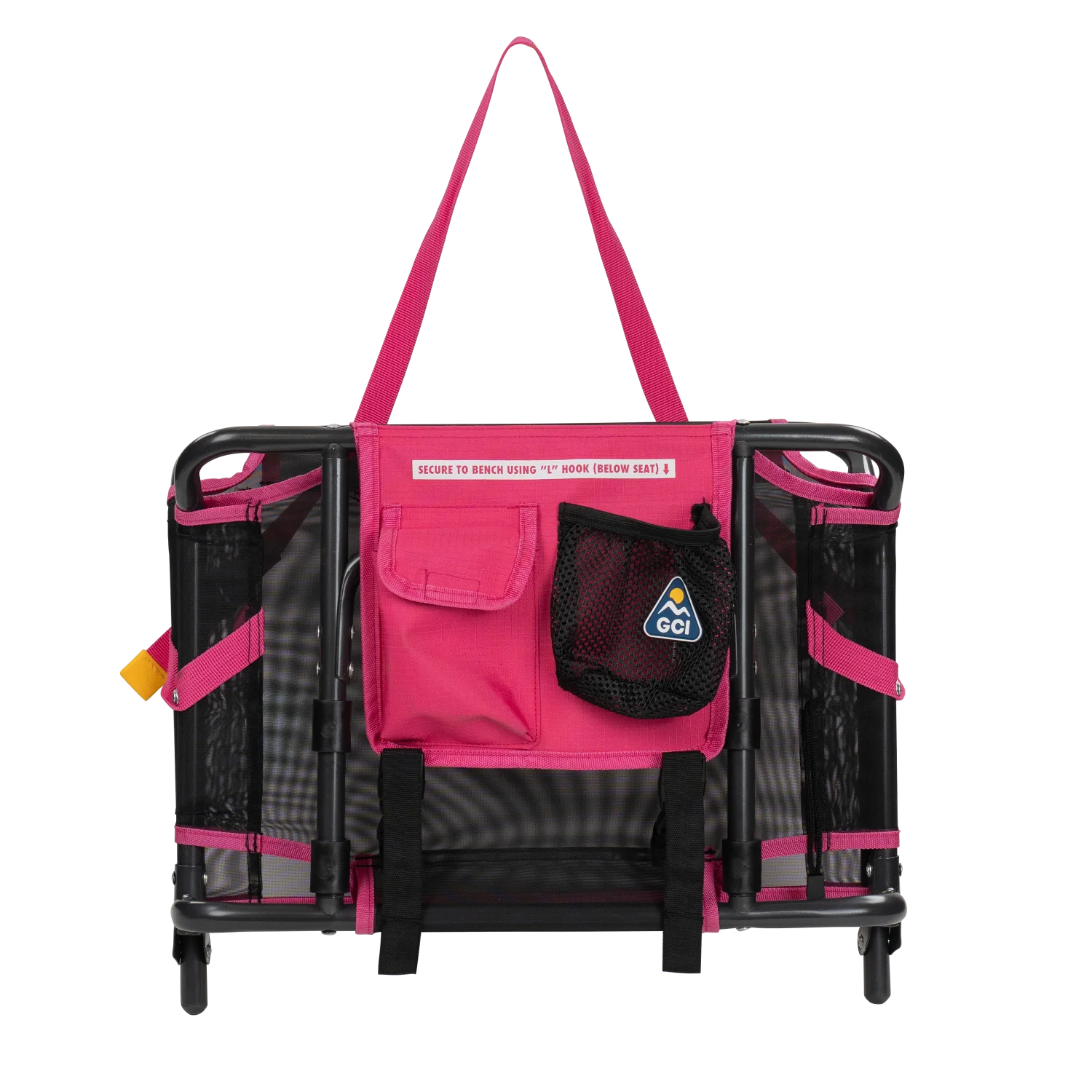 The pack & port caddy on the folded sport pink Big Comfort Stadium Chair 2.0.