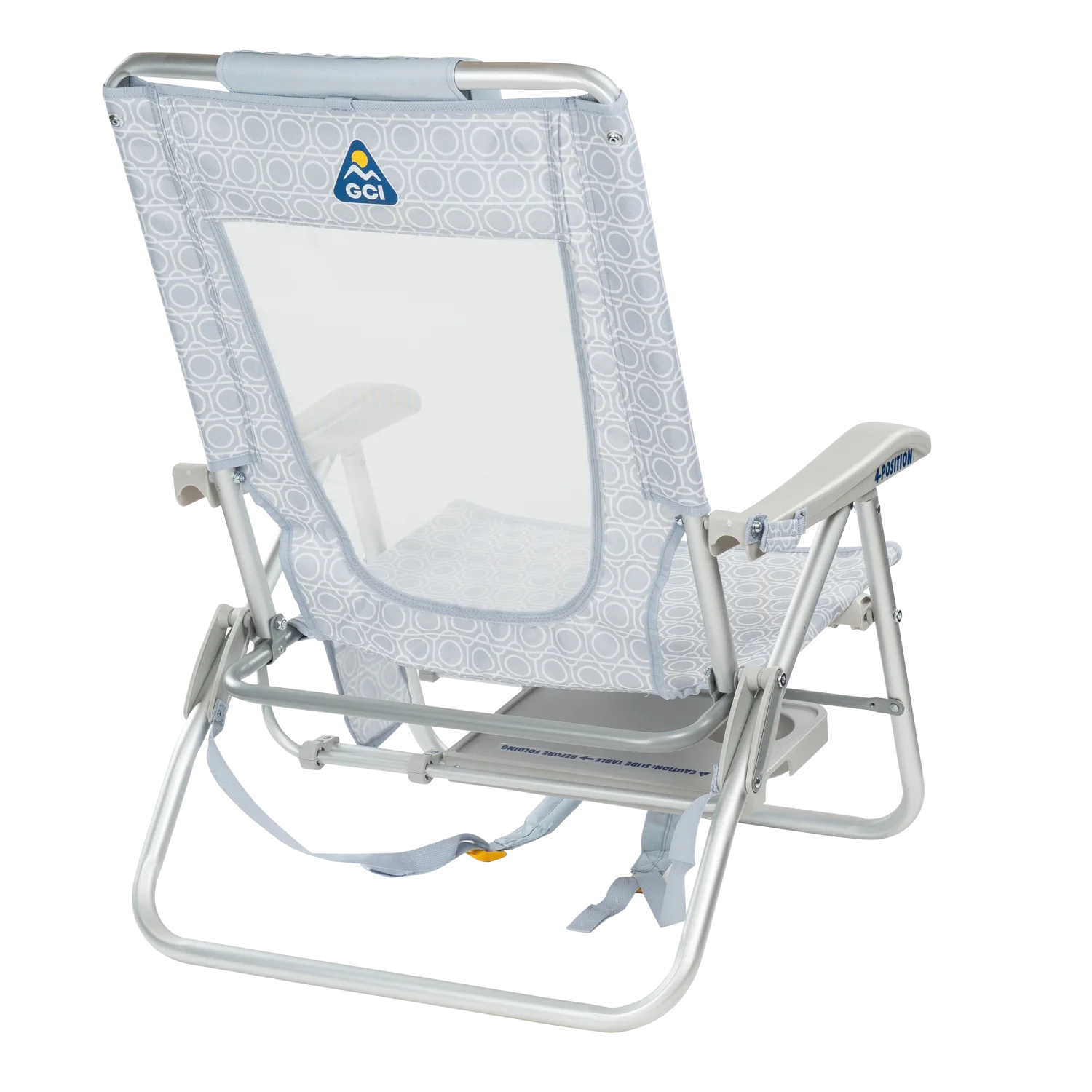 Back right view of the GCI Big Surf beach chair in light blue mosaic print.