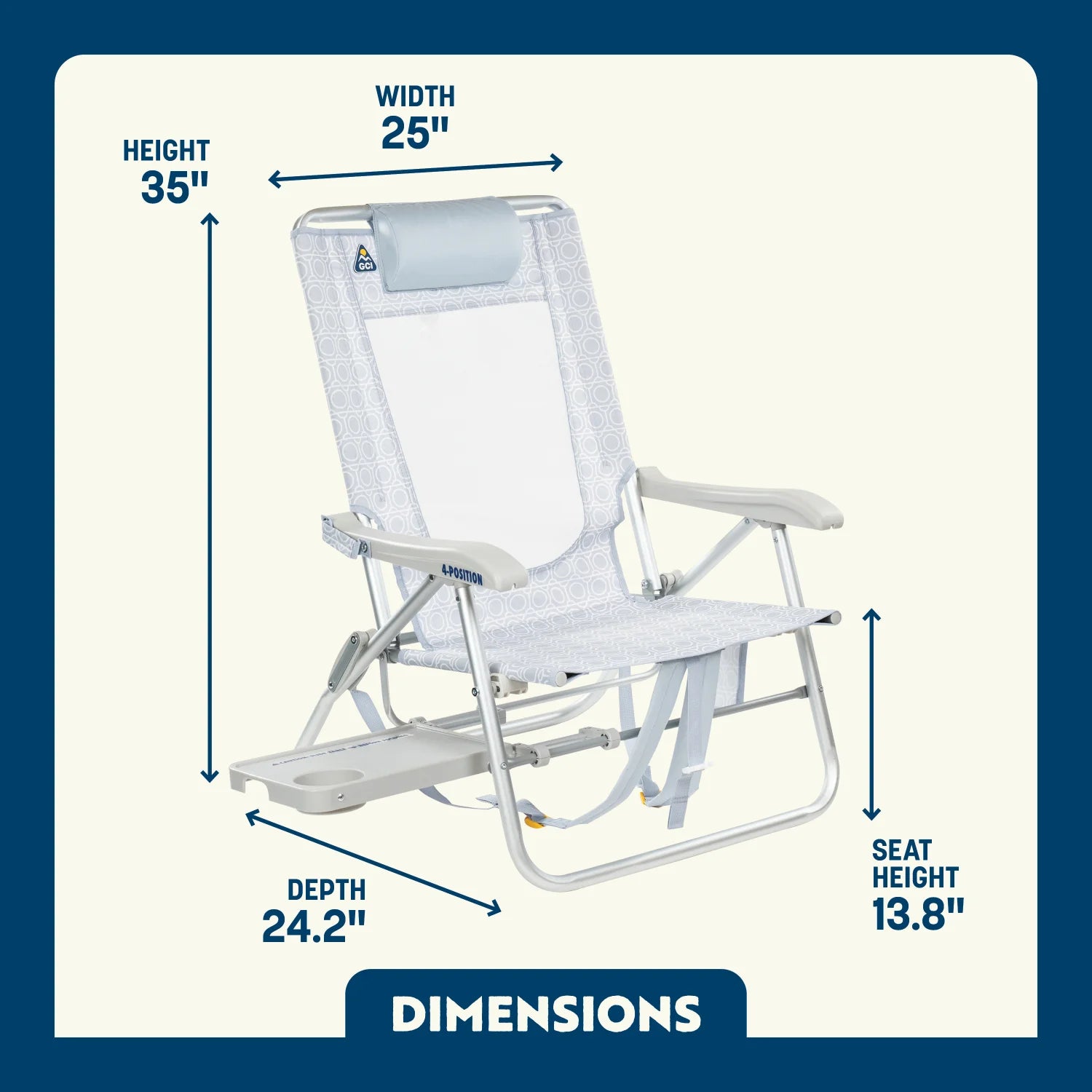 Dimension overview of the Big Surf Chair with Slide Table, showing labeled height, width, depth, and seat height.