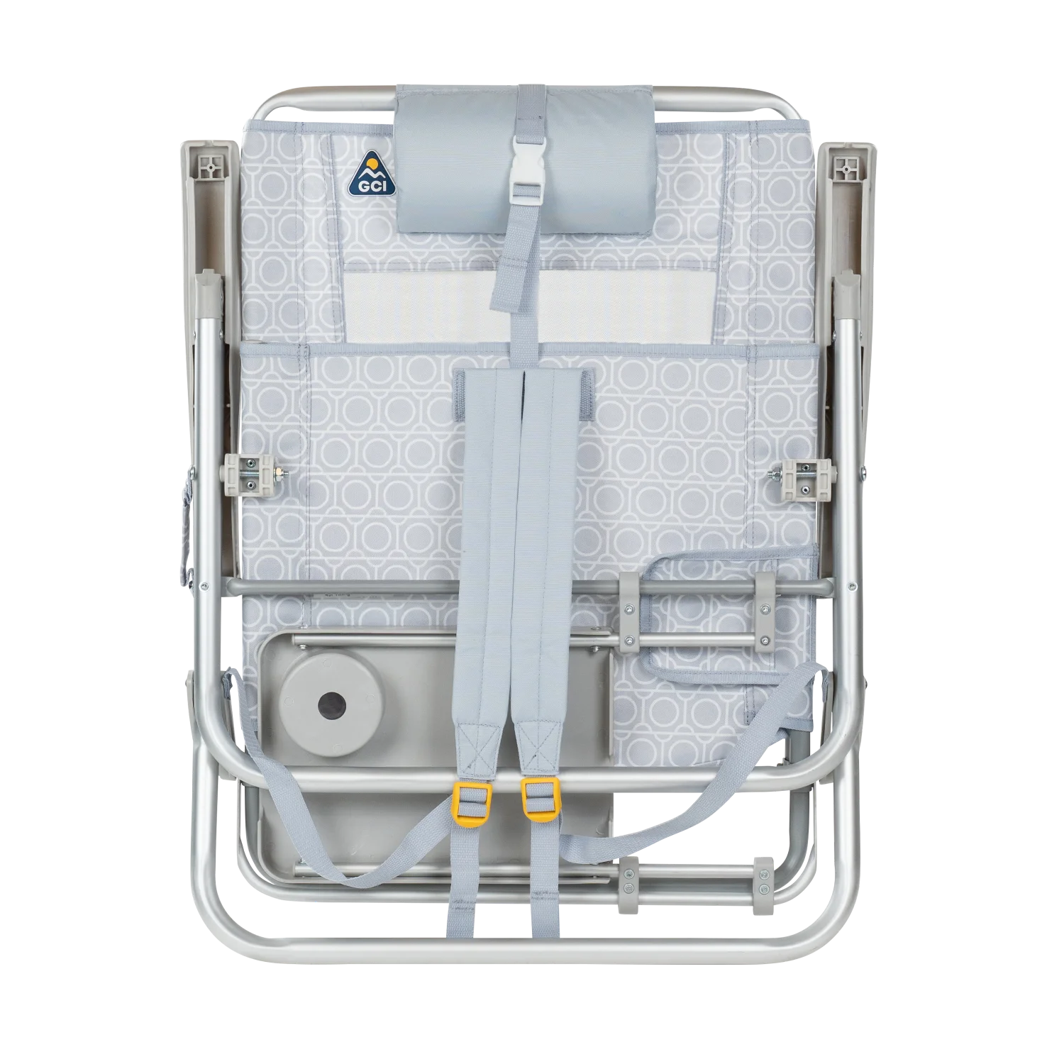 Front angle of the backpack straps on the folded Big Surf with Slide Table in light blue mosaic print.