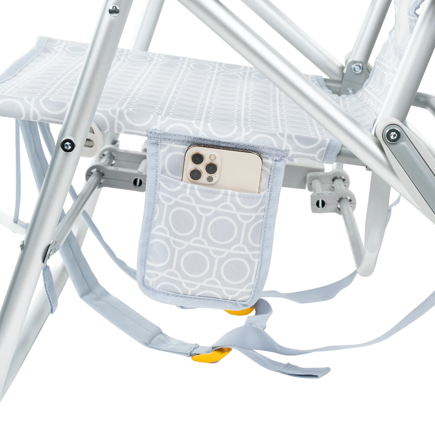 Close up view of the phone holder pocket on the Big Surf with Slide Table in light blue mosaic print.