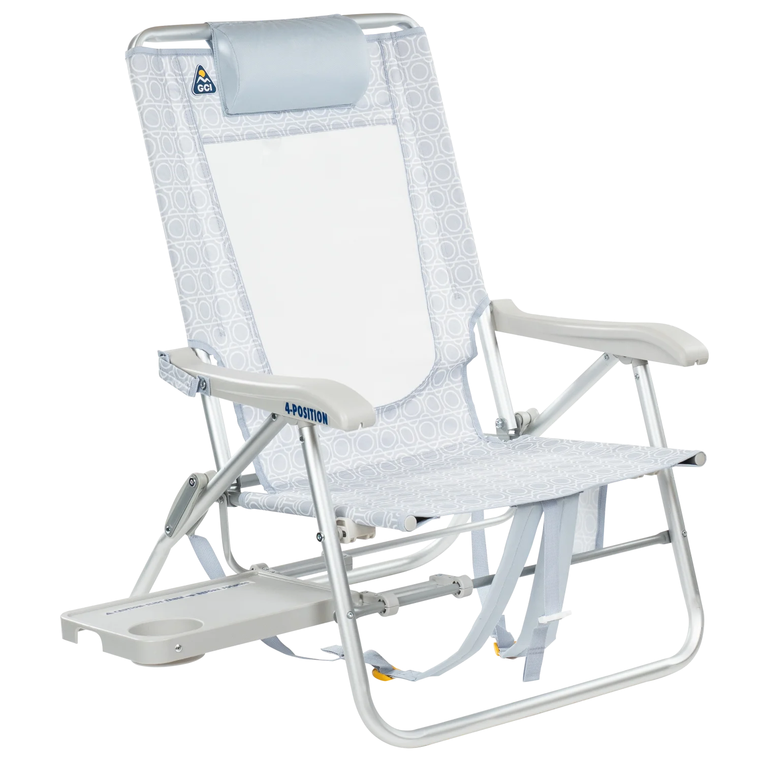 Front right view of the GCI Big Surf beach chair in light blue mosaic with the slide-out side table extended.