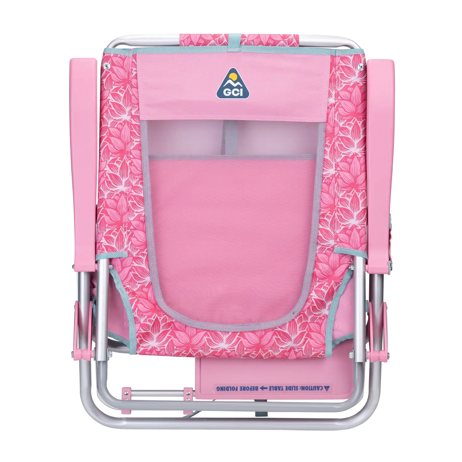 Back angle of the folded Big Surf with Slide Table in pink lotus.