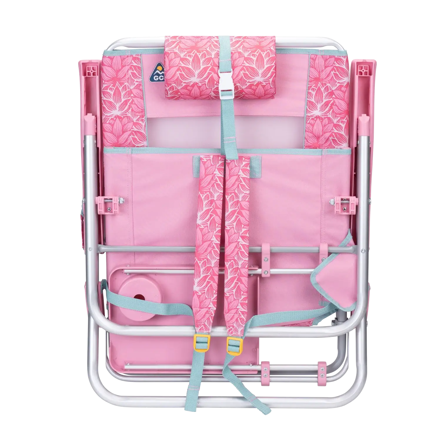 Front angle of the backpack straps on the folded Big Surf with Slide Table in pink lotus.