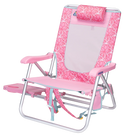 Front left view of the GCI Big Surf beach chair in pink lotus with the slide-out side table extended.