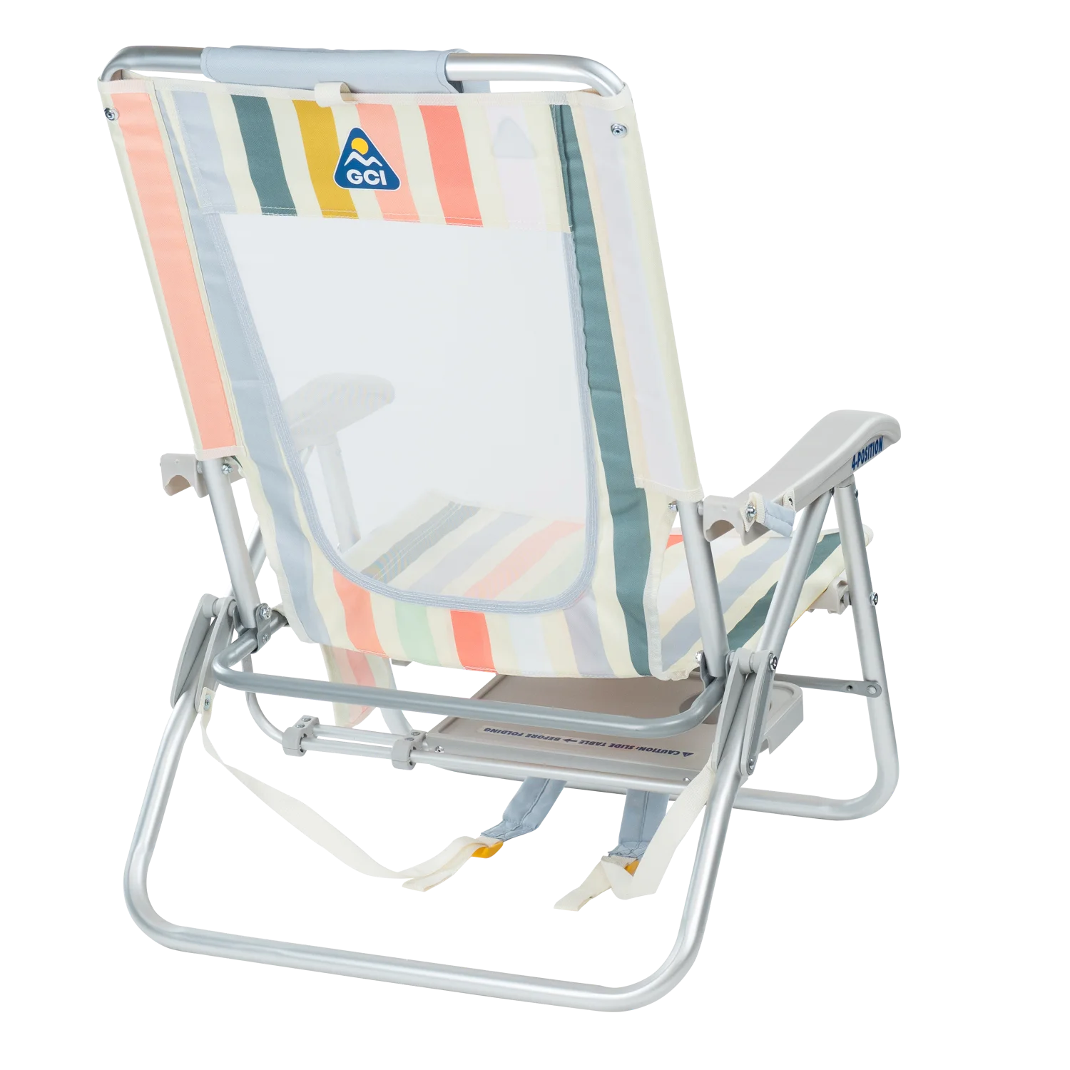 Back right view of the GCI Big Surf beach chair in retro beach stripes print.