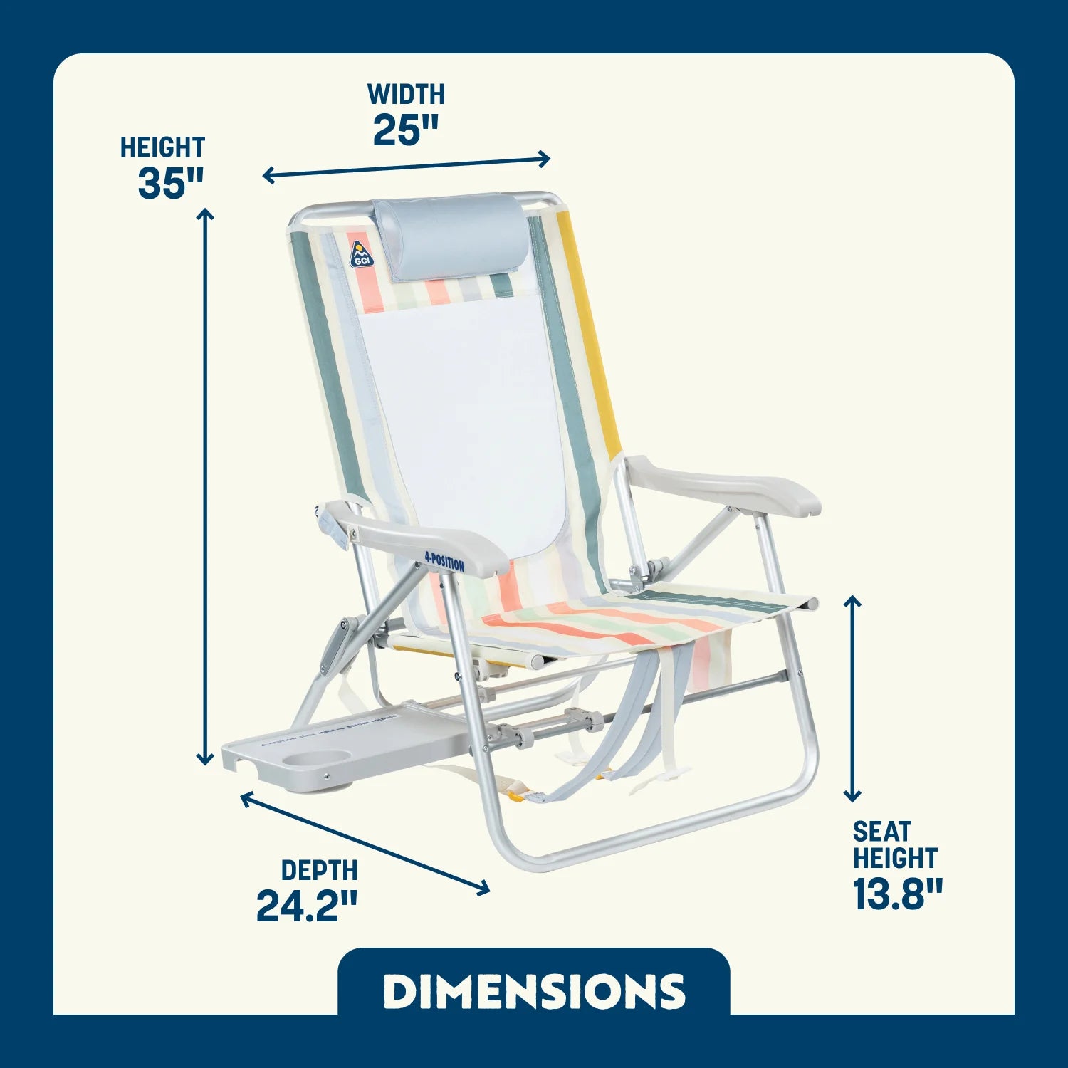 Dimension overview of the Big Surf Chair with Slide Table, showing labeled height, width, depth, and seat height.