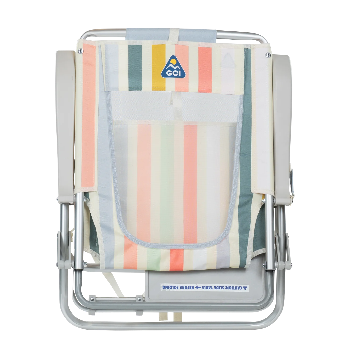 Back angle of the folded Big Surf with Slide Table in retro beach stripes print.