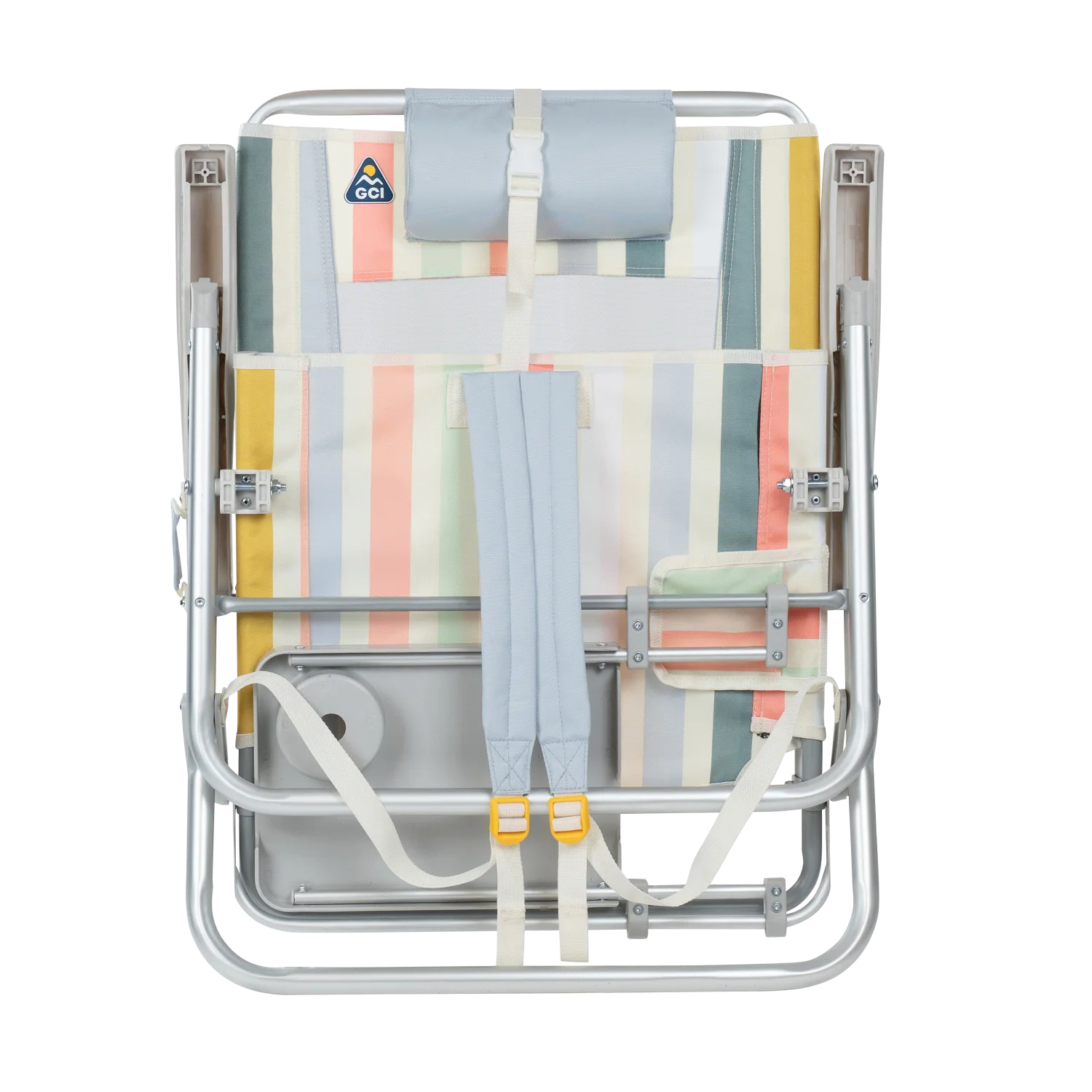 Front angle of the backpack straps on the folded Big Surf with Slide Table in retro beach stripes print.
