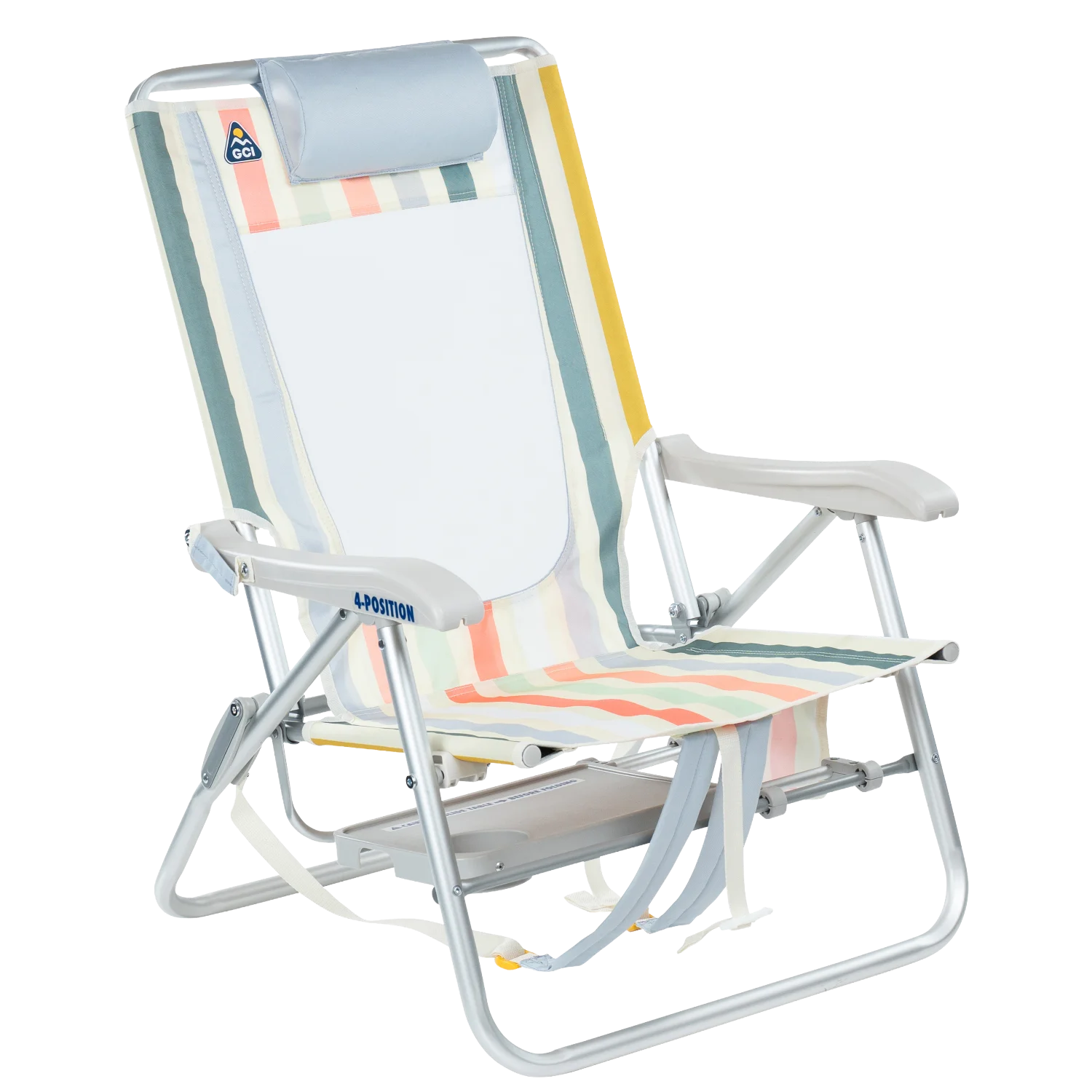 Front right view of the GCI Big Surf beach chair in retro beach stripes with the slide-out side table tucked under the seat.