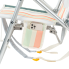 Close up view of the phone holder pocket on the Big Surf with Slide Table in retro beach stripes print.