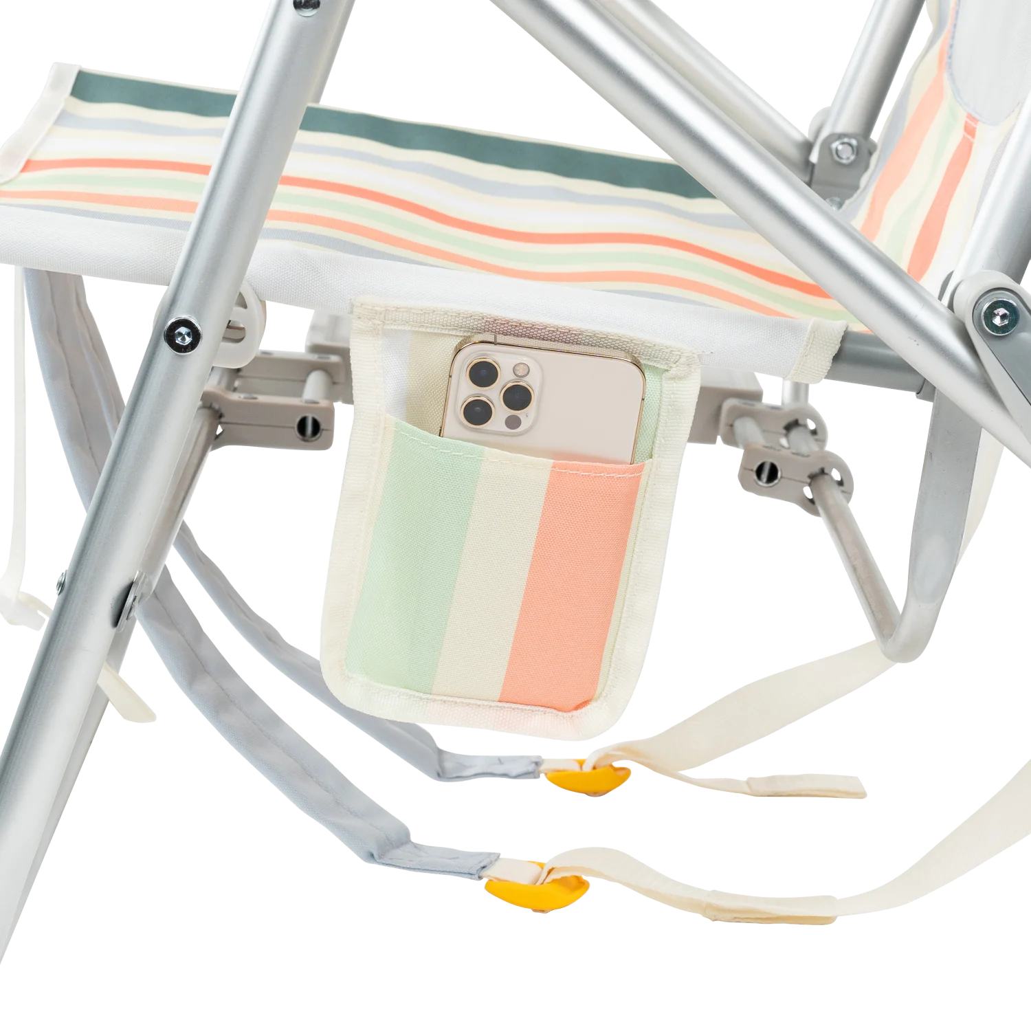 Close up view of the phone holder pocket on the Big Surf with Slide Table in retro beach stripes print.