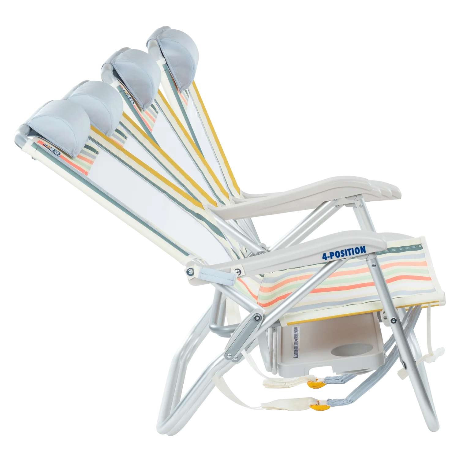 Side view of the recline positions on the Big Surf with Slide Table in retro beach stripes print.