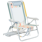 Front right view of the GCI Big Surf beach chair in retro beach stripes with the slide-out side table extended.